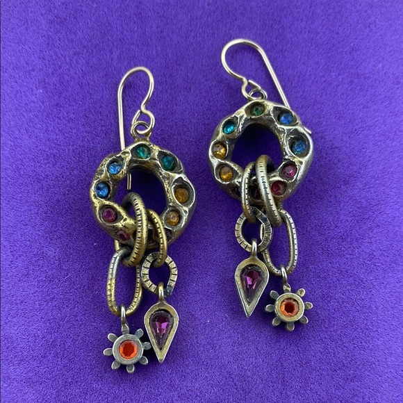 💛 Classic Brass Multi Colour Gemstone Dangle Earrings - Picture 1 of 5